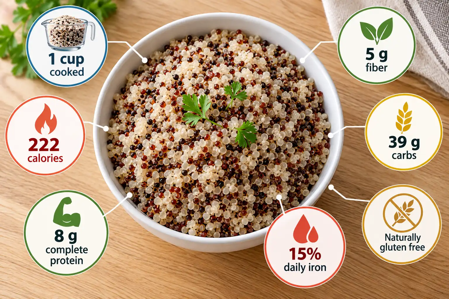 One cup of cooked quinoa provides 222 calories, 8 grams of complete protein, 5 grams of fiber, and 15 percent of daily iron.