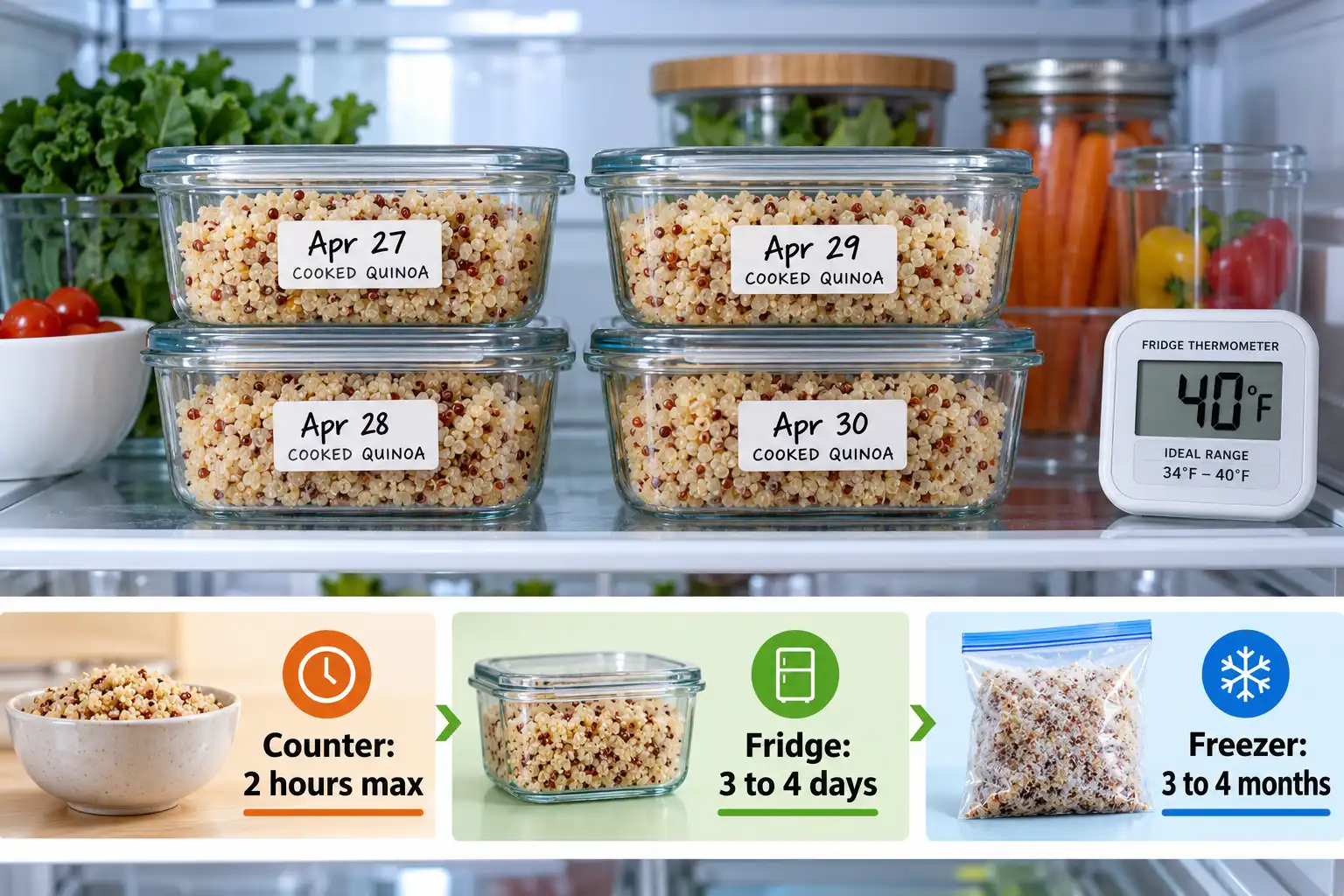 Cooked quinoa lasts 3 to 4 days at 40°F or below and 3 to 4 months frozen for best quality.