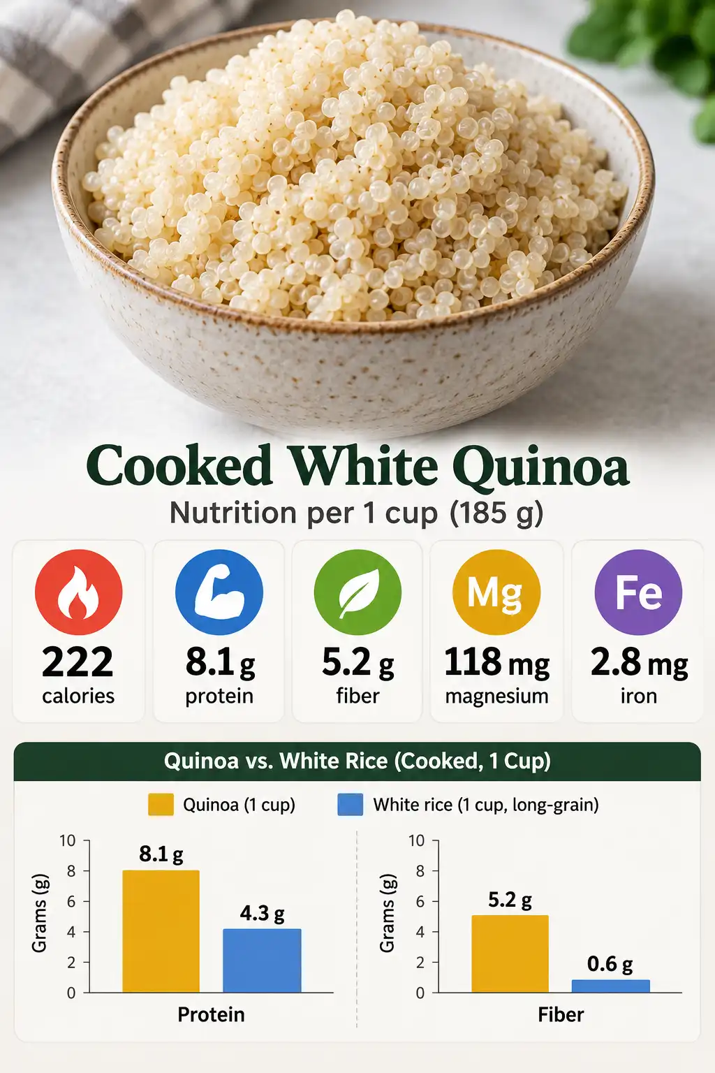 One cup of cooked quinoa has 222 calories, 8.1 grams of protein, and 5.2 grams of fiber, nearly twice the protein of white rice.