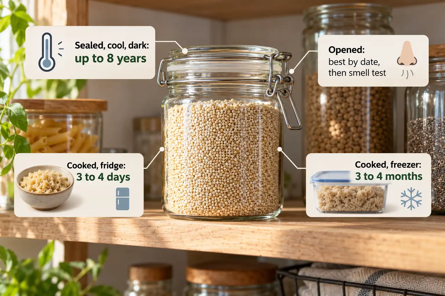 Dry quinoa keeps up to 8 years sealed in a cool, dark place, while cooked quinoa lasts 3 to 4 days refrigerated.