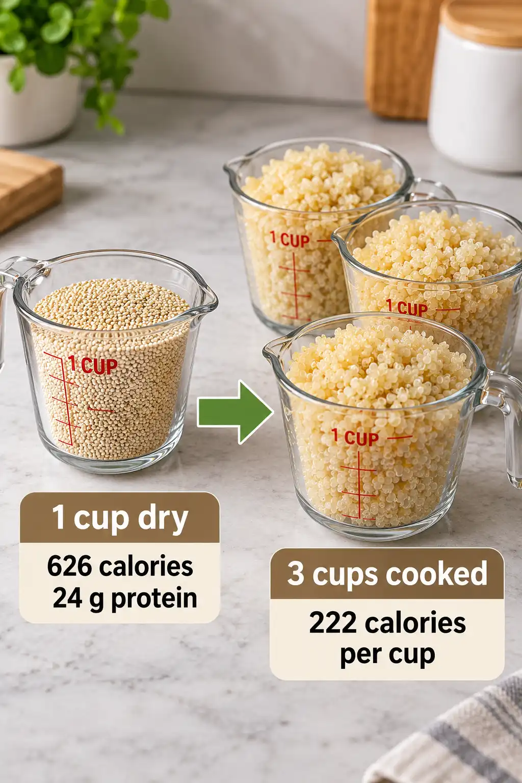 One cup of dry quinoa has about 626 calories and cooks into roughly 3 cups at 222 calories each.