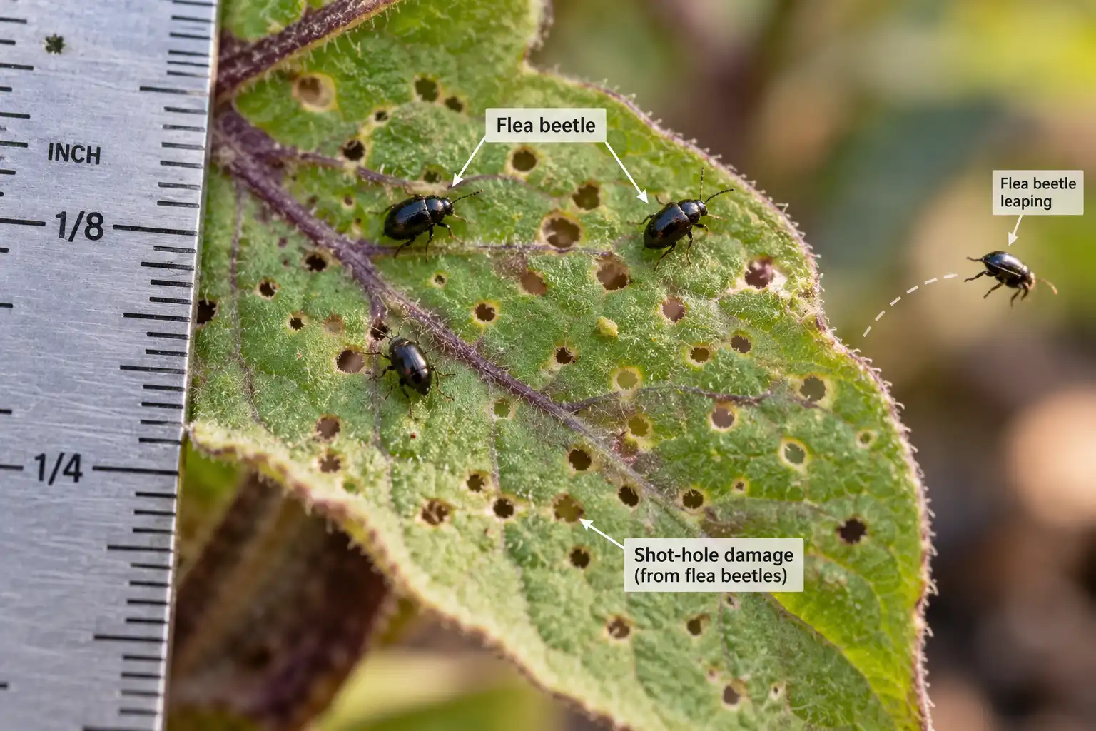 Tiny black flea beetles chew round holes under 1/8 inch wide in a young eggplant leaf.