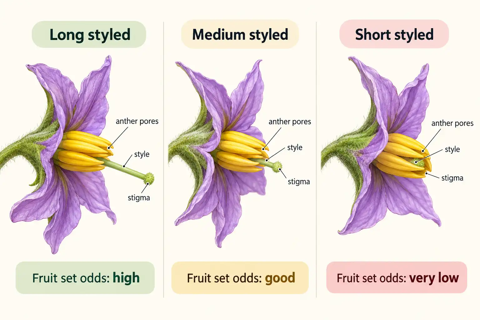 Long and medium styled eggplant flowers set fruit, while short styled flowers rarely do.