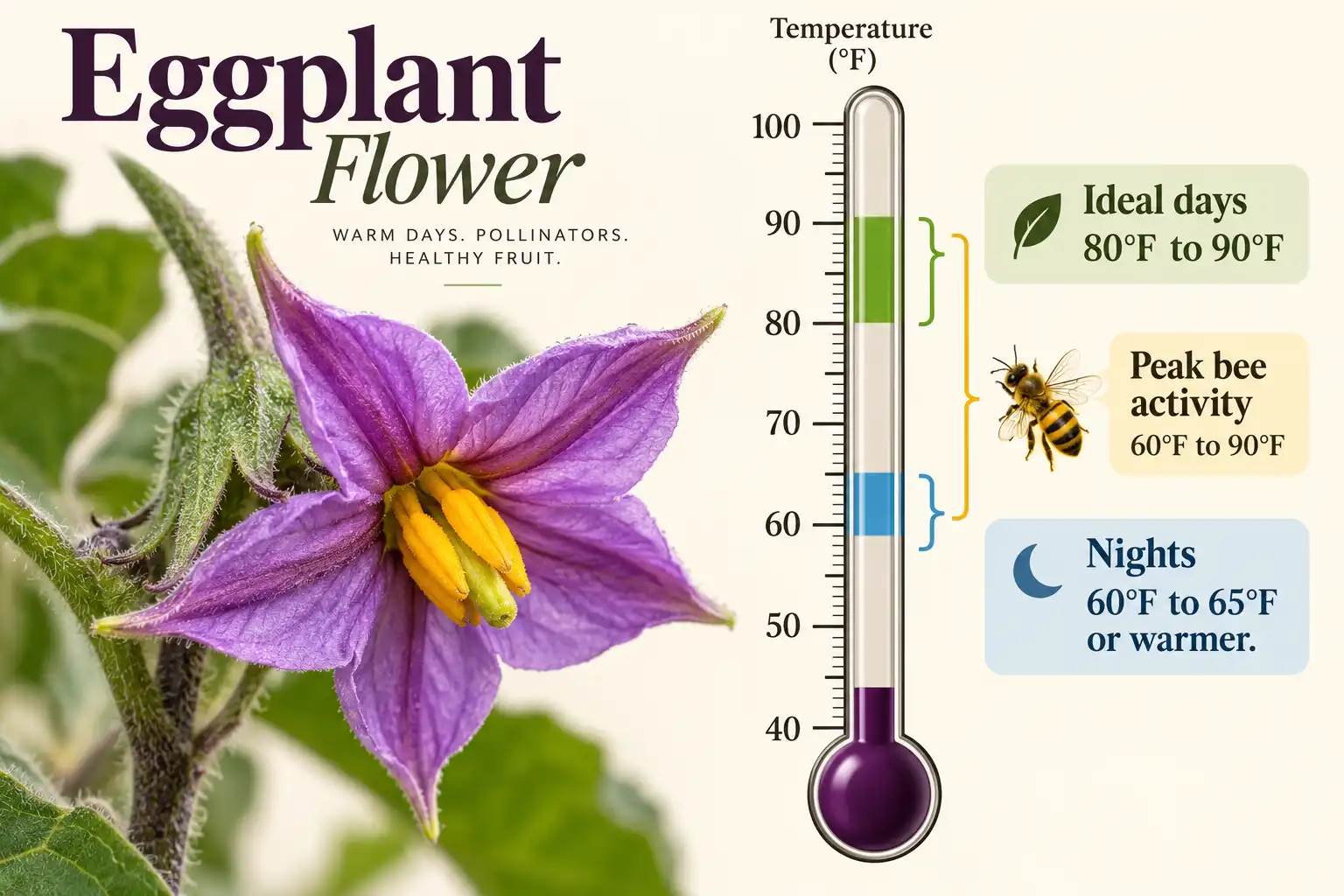 Eggplant sets fruit best with 80°F to 90°F days and nights of 60°F to 65°F or warmer.