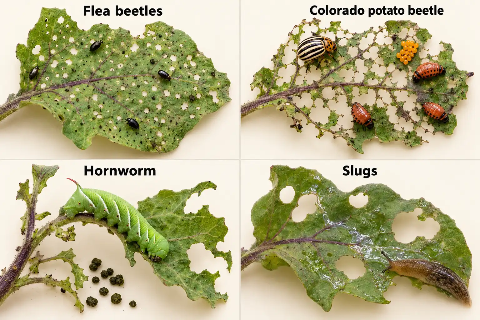 Flea beetles leave tiny holes in eggplant leaves, while potato beetles, hornworms, and slugs eat bigger sections.