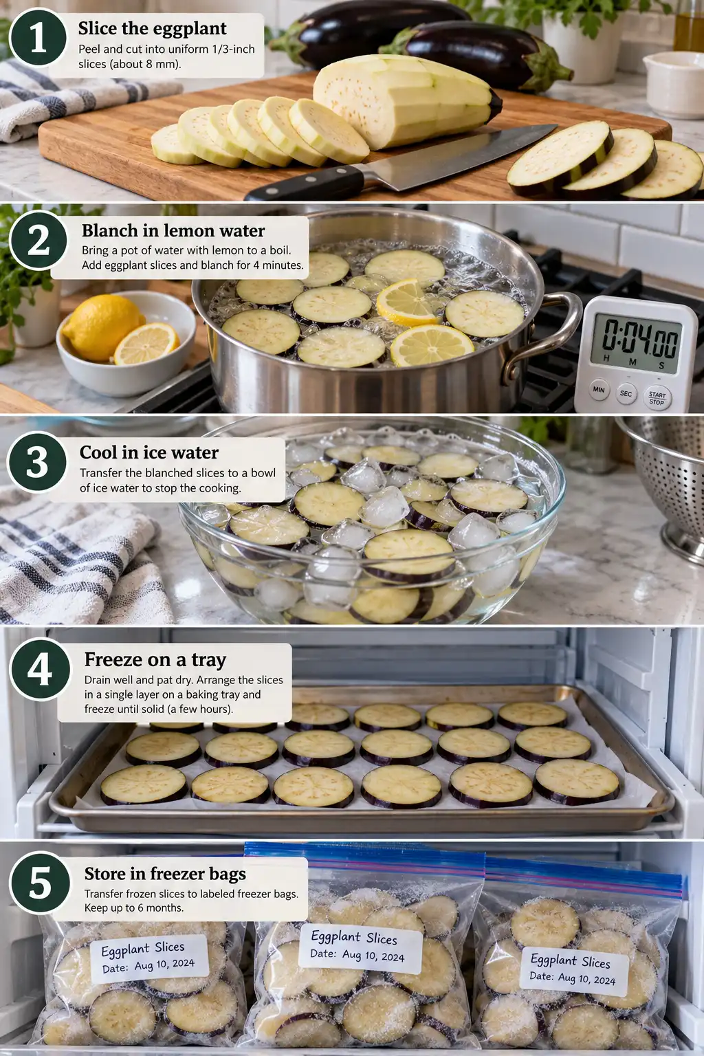 Freeze eggplant by blanching 1/3 inch slices for 4 minutes in lemon water, chilling them in ice water, and tray freezing before bagging.