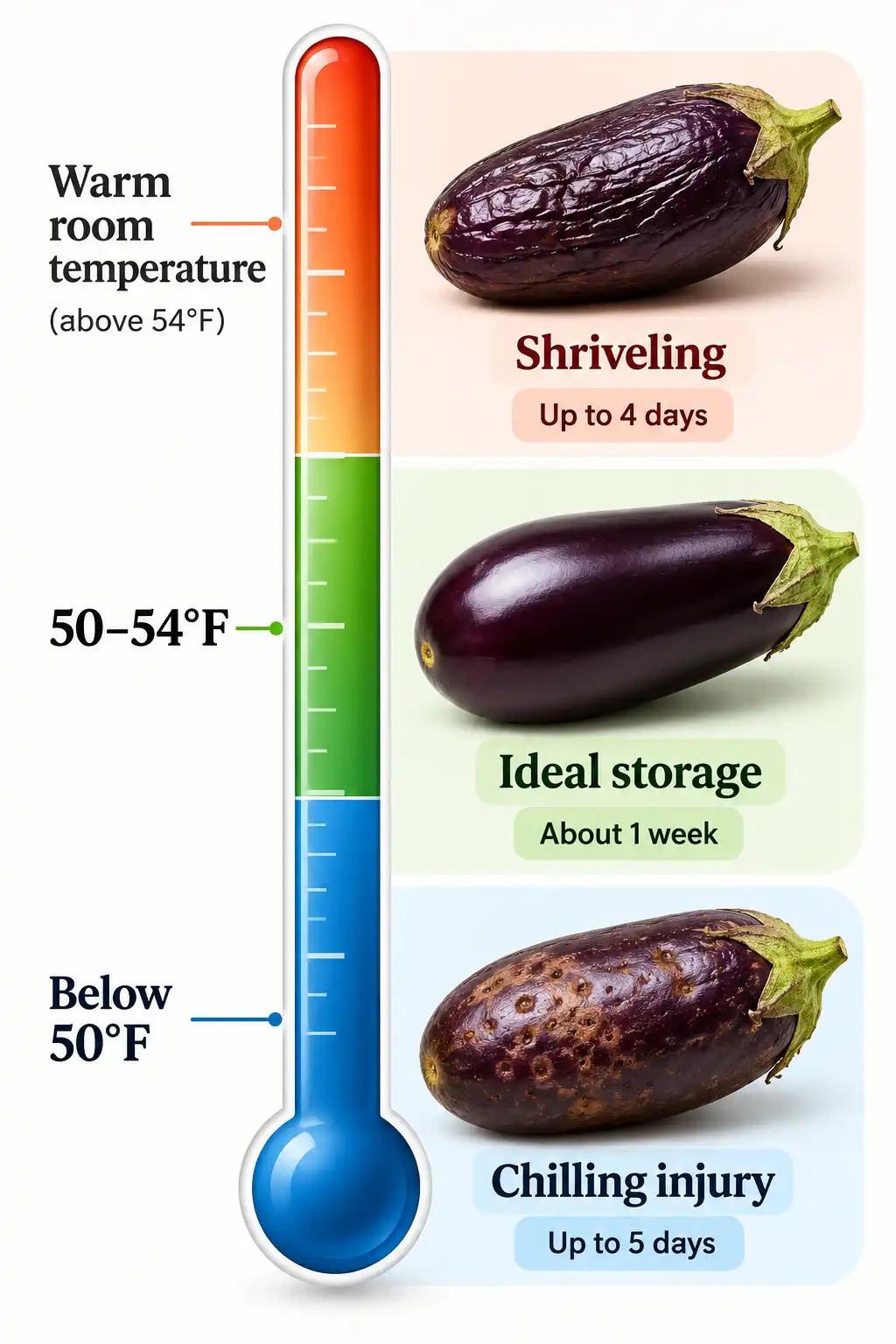 Eggplant stores best at 50 to 54°F, while fridge cold causes pitting and warm rooms cause shriveling.