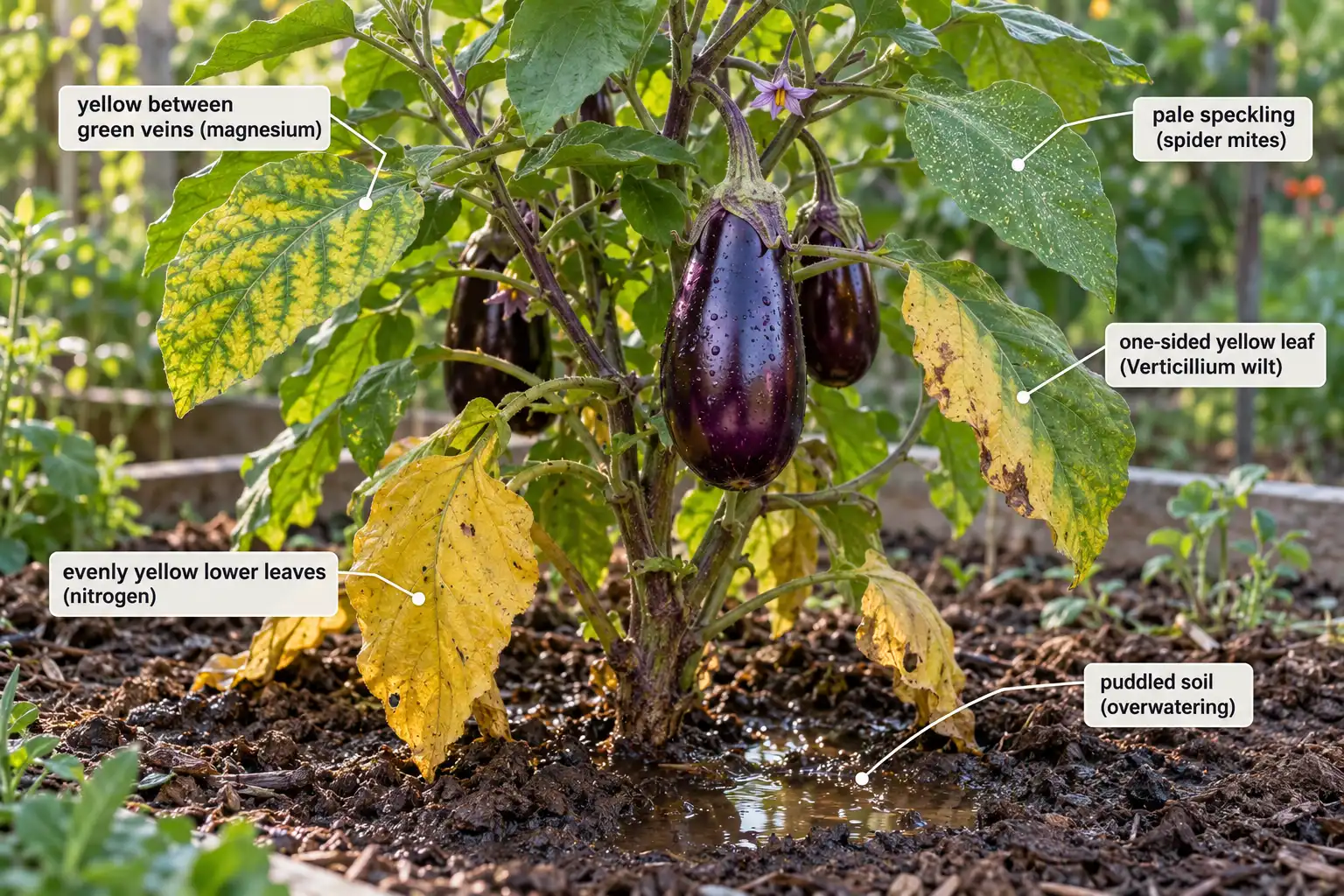 Eggplant leaves turn yellow from nitrogen shortage, magnesium deficiency, Verticillium wilt, spider mites, or wet soil.