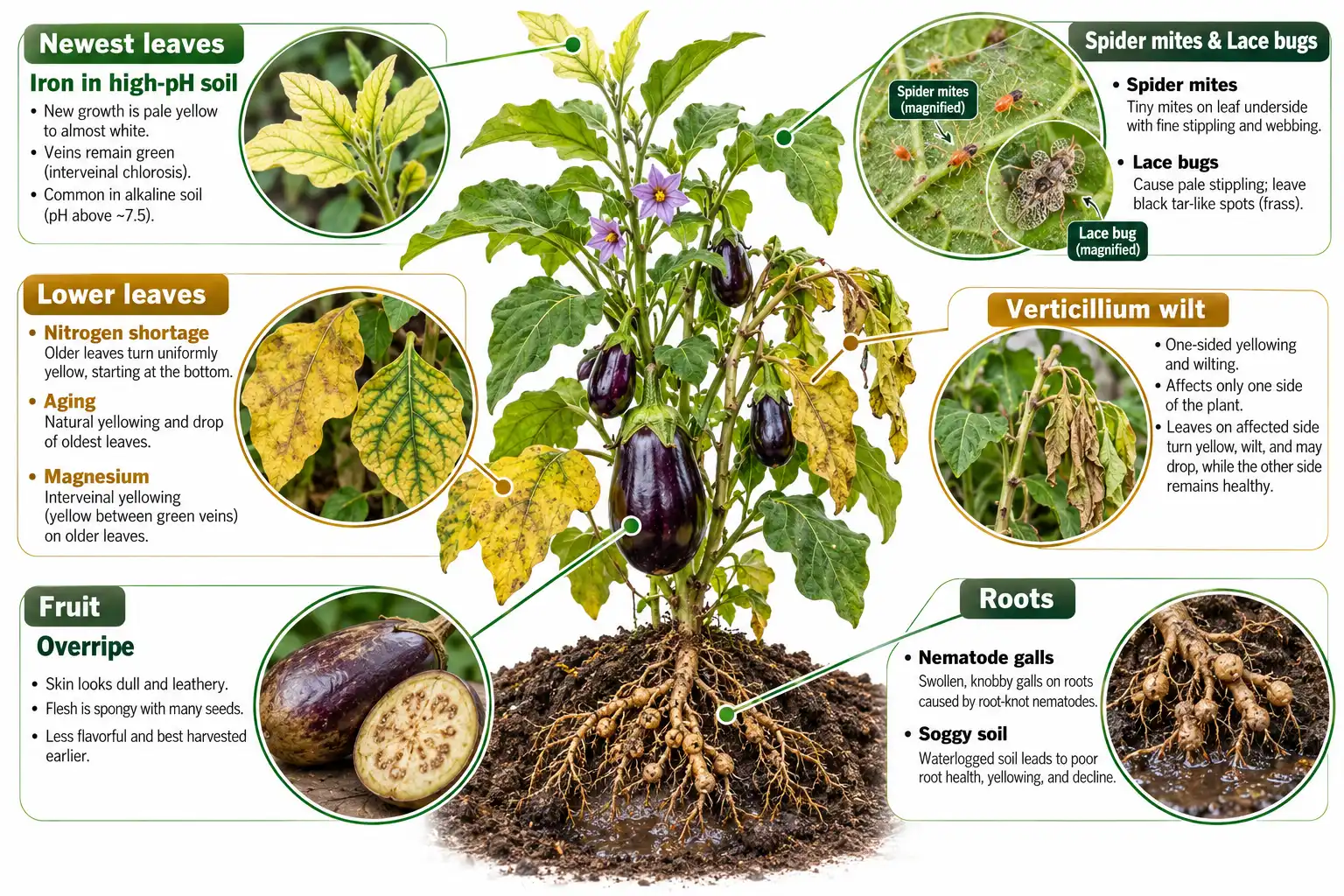 Diagnostic chart pairing each eggplant yellowing pattern with its likely cause.