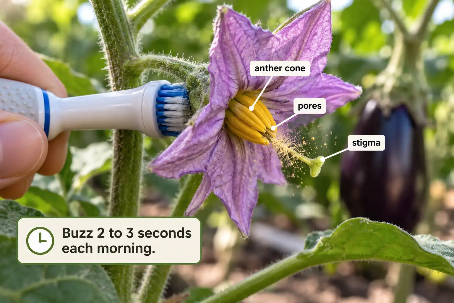 Electric toothbrush vibration shakes pollen from the anther cone onto the stigma of an eggplant flower.