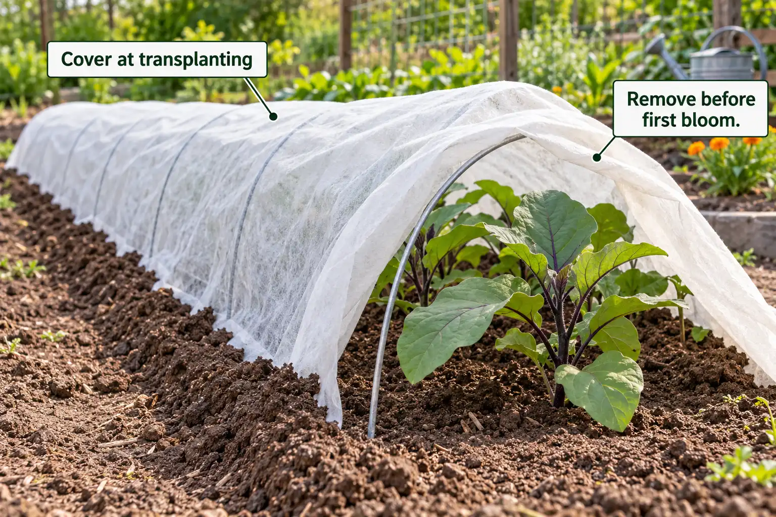 Floating row cover on wire hoops shields young eggplant from flea beetles until just before bloom.