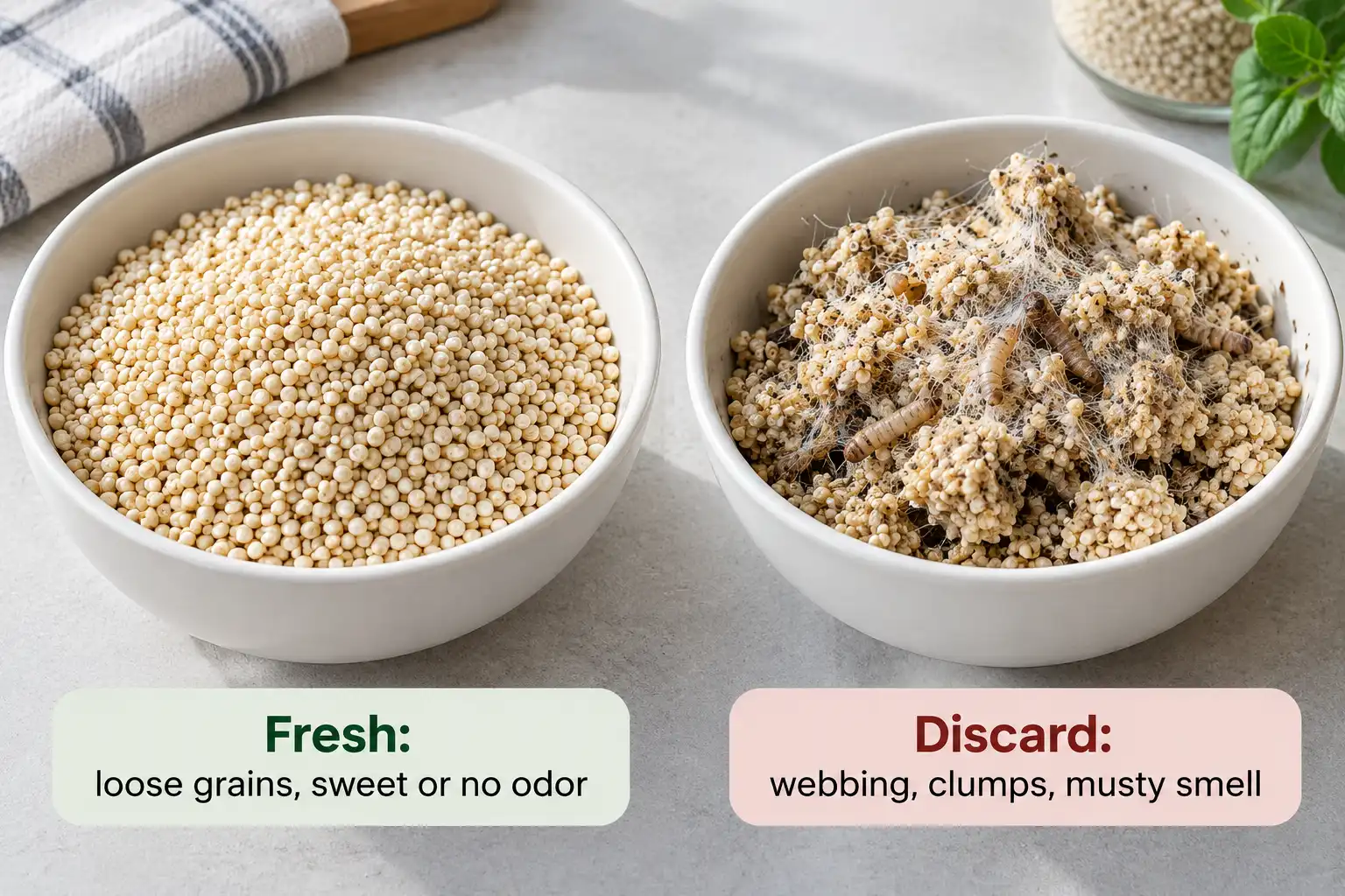Spoiled dry quinoa shows silky webbing, clumps, and dark spots, while fresh quinoa stays loose and evenly colored.