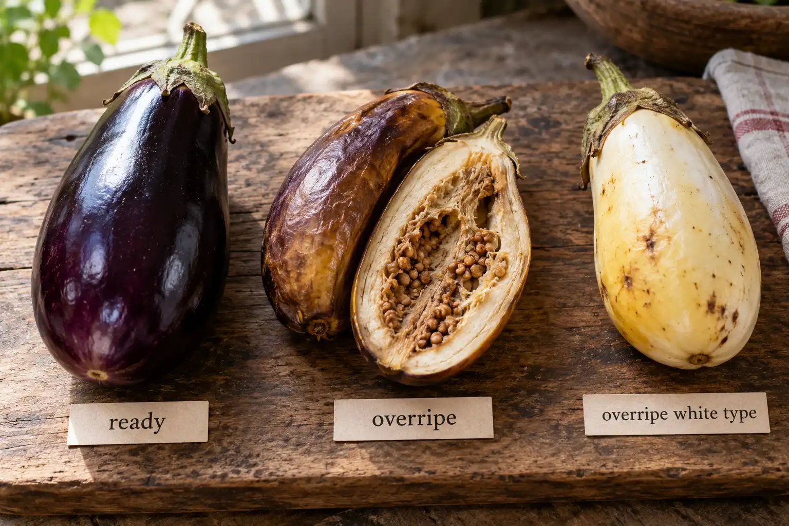 Overripe eggplants lose their gloss and turn bronze or yellow, with hard brown seeds inside.