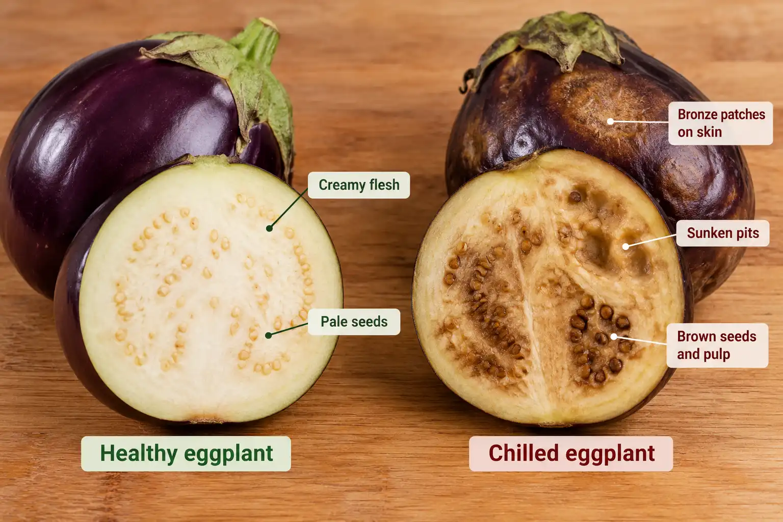 Chilling injury leaves eggplant with sunken pits, bronze skin patches, and brown seeds and pulp.