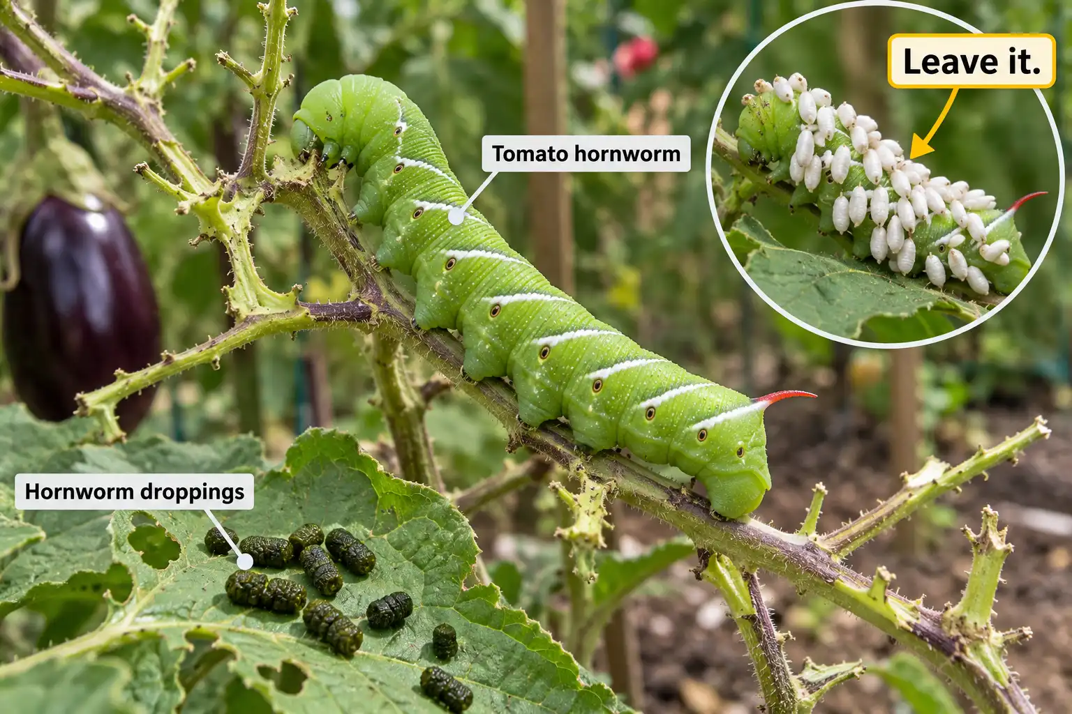 A green hornworm eats eggplant leaves above dark droppings, beside a hornworm carrying white wasp cocoons.