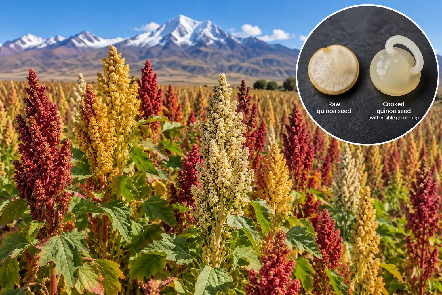 Quinoa plants grow up to 6.5 feet tall and carry tiny disc-shaped seeds in dense, colorful panicles.