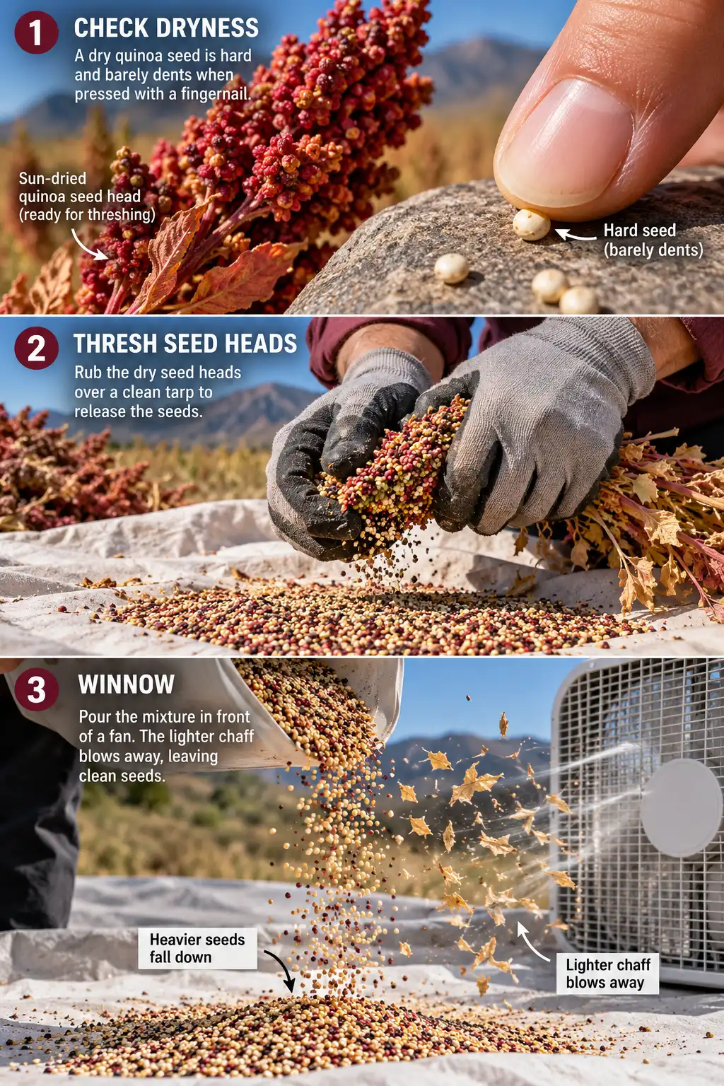 Quinoa is ready when dry seed barely dents under a fingernail and rubs free of the head.