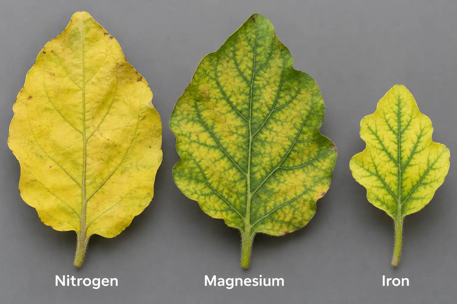 Eggplant leaves showing even nitrogen yellowing versus green-veined magnesium and iron yellowing.