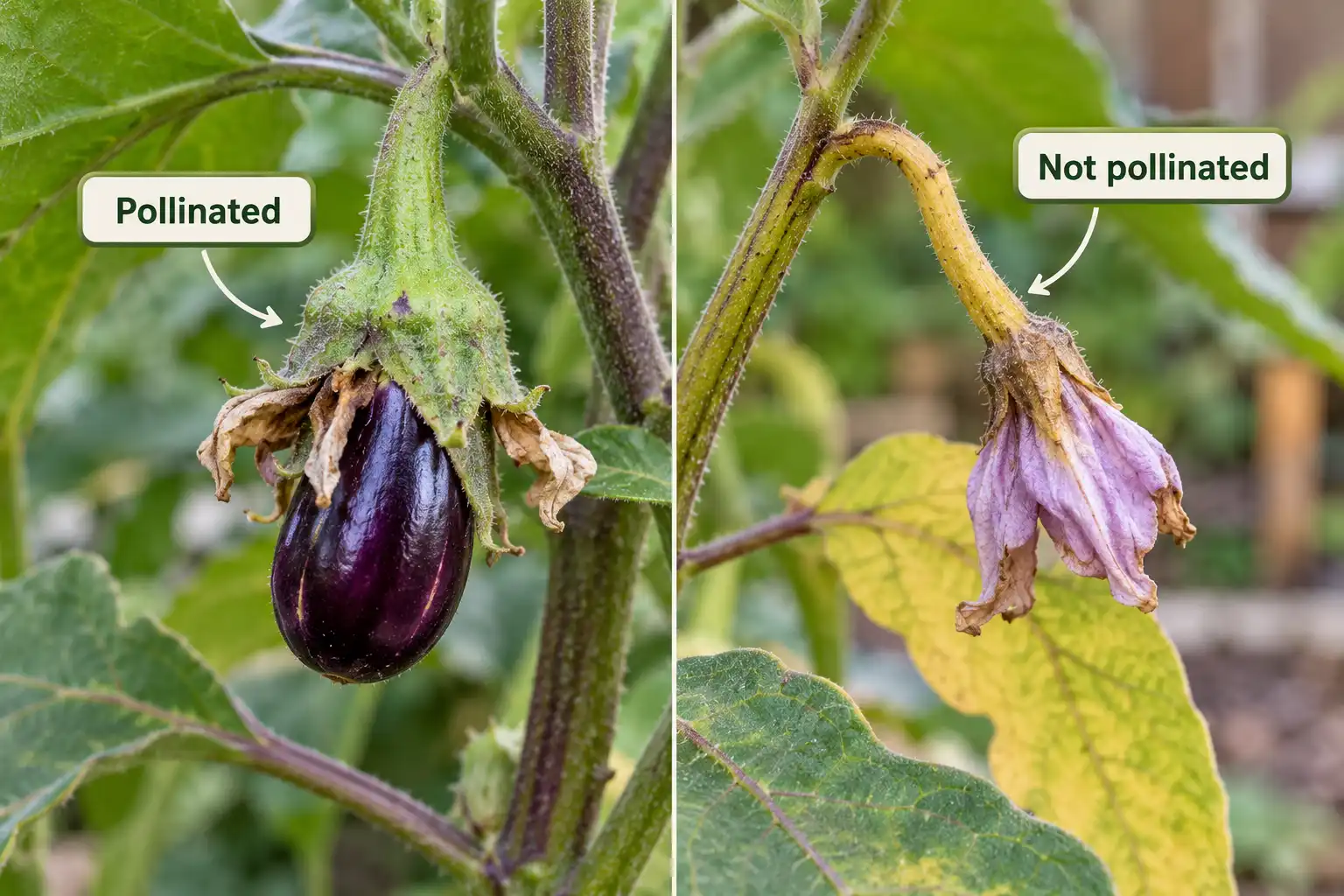 A pollinated eggplant flower closes and forms small fruit, while an unpollinated one yellows and drops.