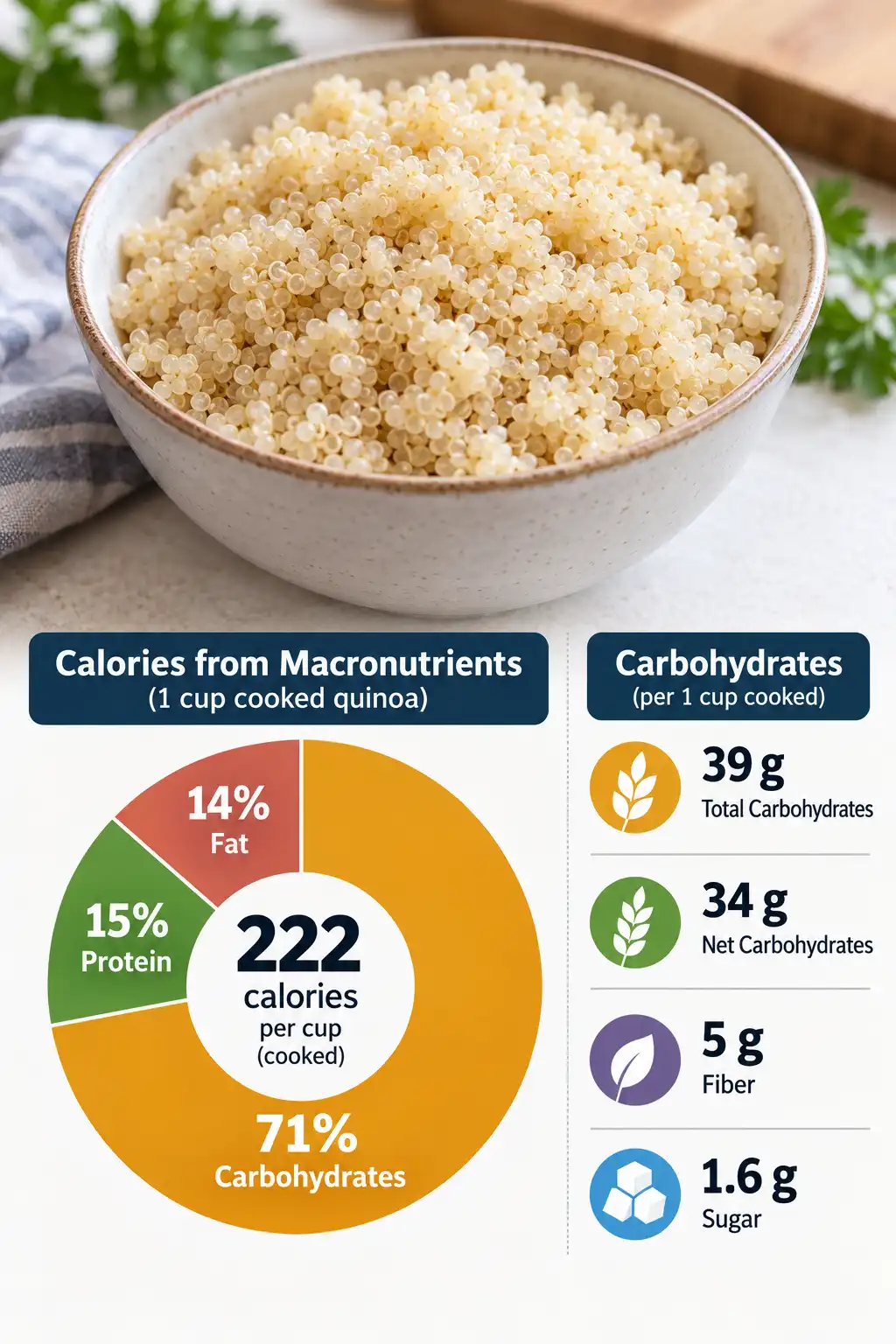 Cooked quinoa gets about 71 percent of its calories from carbs, 15 percent from protein, and 14 percent from fat.