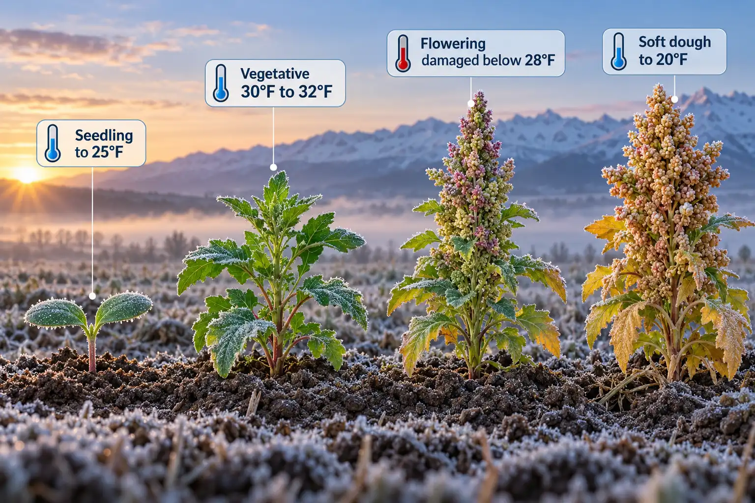 Quinoa seedlings survive 25°F, flowering plants lose yield below 28°F, and soft dough grain tolerates 20°F.