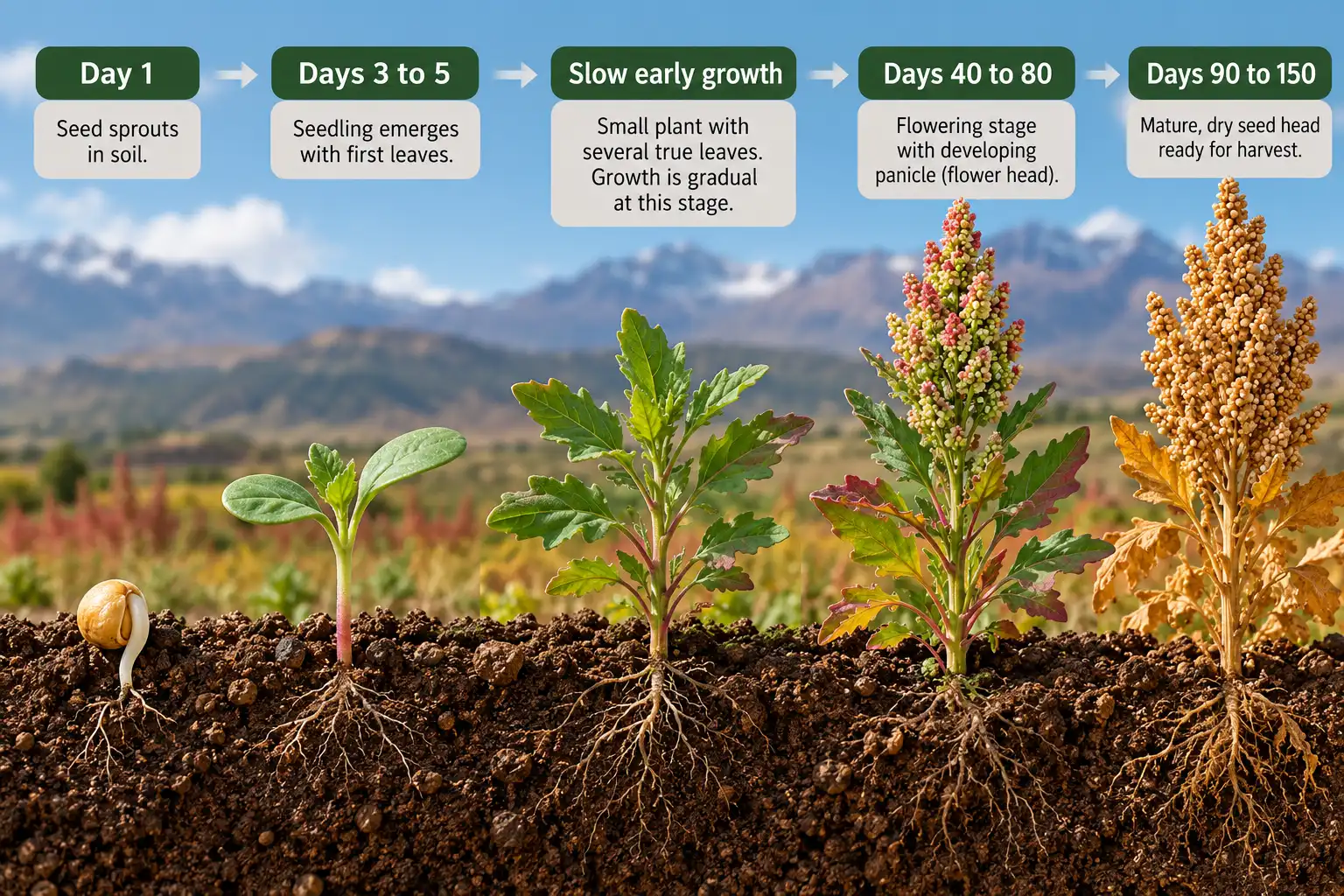 Quinoa germinates in one day, flowers at 40 to 80 days, and matures at 90 to 150 days.