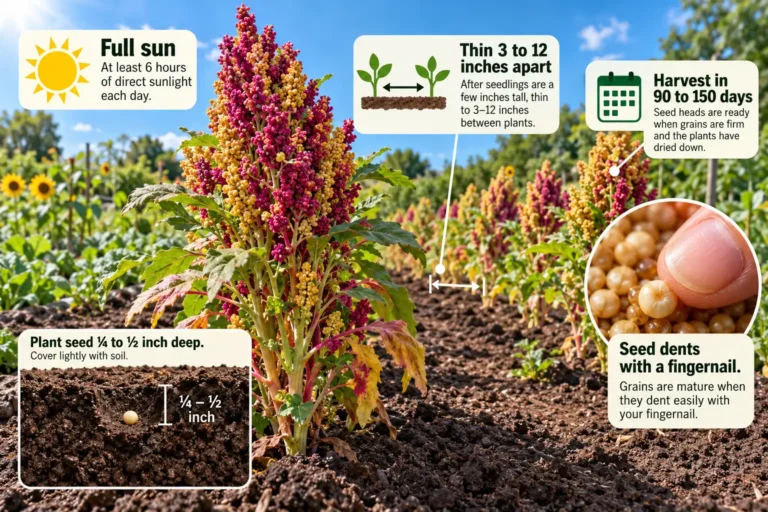 Quinoa sown ¼ to ½ inch deep in full sun is ready to harvest in 90 to 150 days.