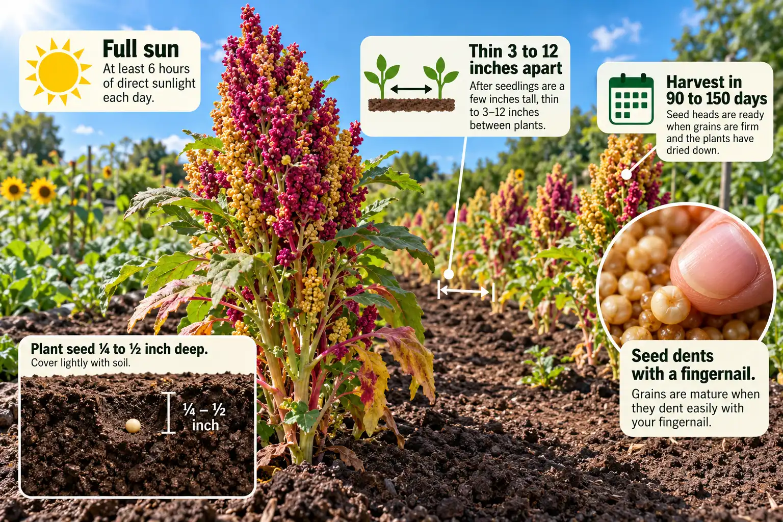 Quinoa sown ¼ to ½ inch deep in full sun is ready to harvest in 90 to 150 days.