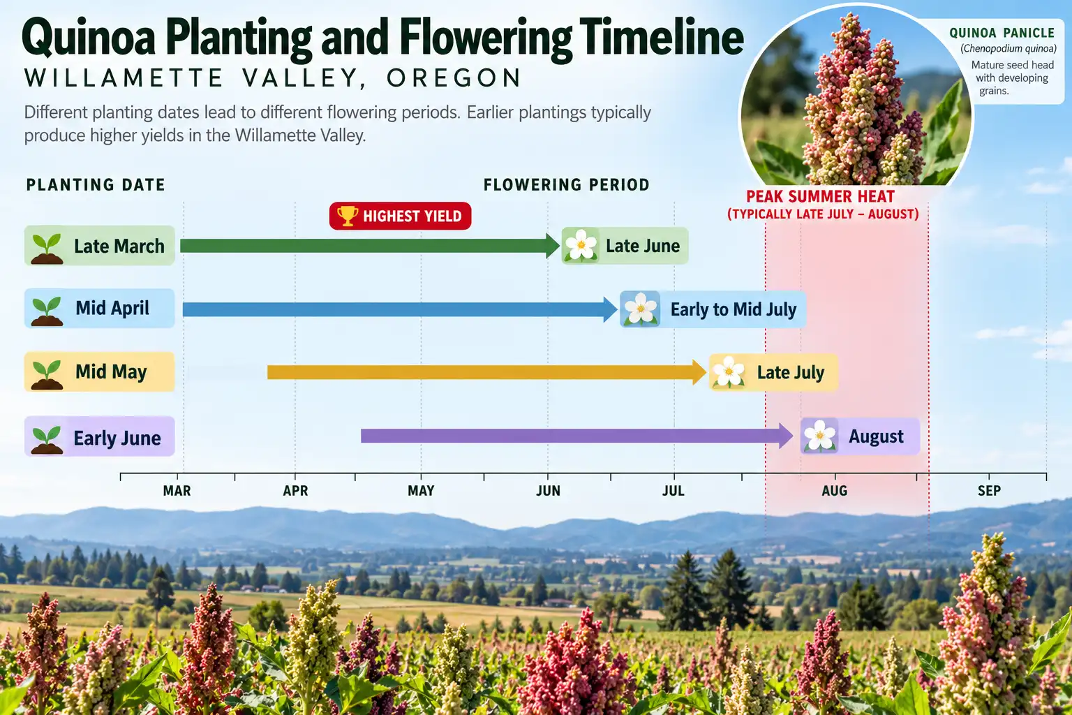 Quinoa planted in late March flowered by late June and gave the highest yield, while June plantings flowered in August.