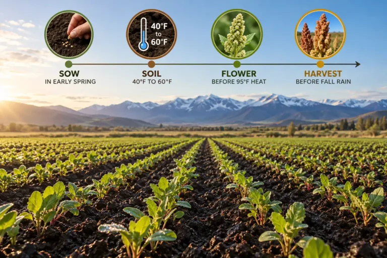 Quinoa is sown in early spring in 40°F to 60°F soil so it flowers before 95°F summer heat.