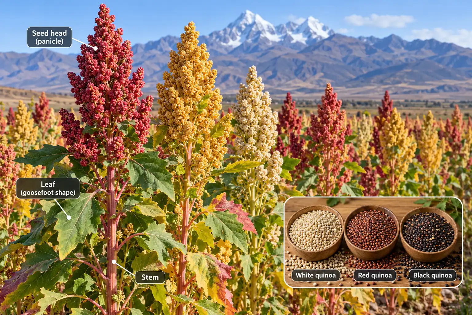 Quinoa grows as seed heads on a broadleaf goosefoot plant, not on a grass like true cereal grains.