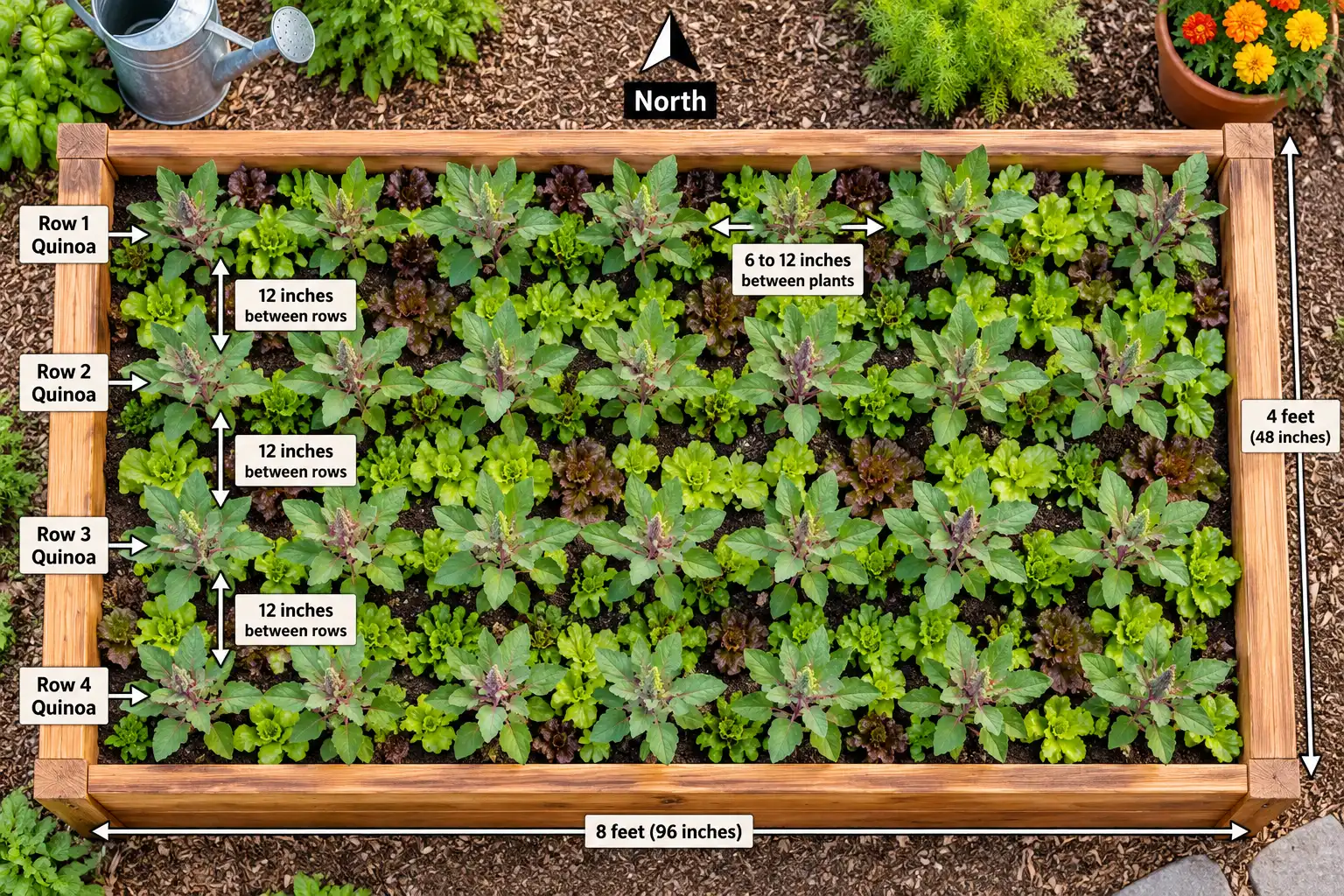 A 4 by 8 foot raised bed holds four quinoa rows 12 inches apart, with plants 6 to 12 inches apart.
