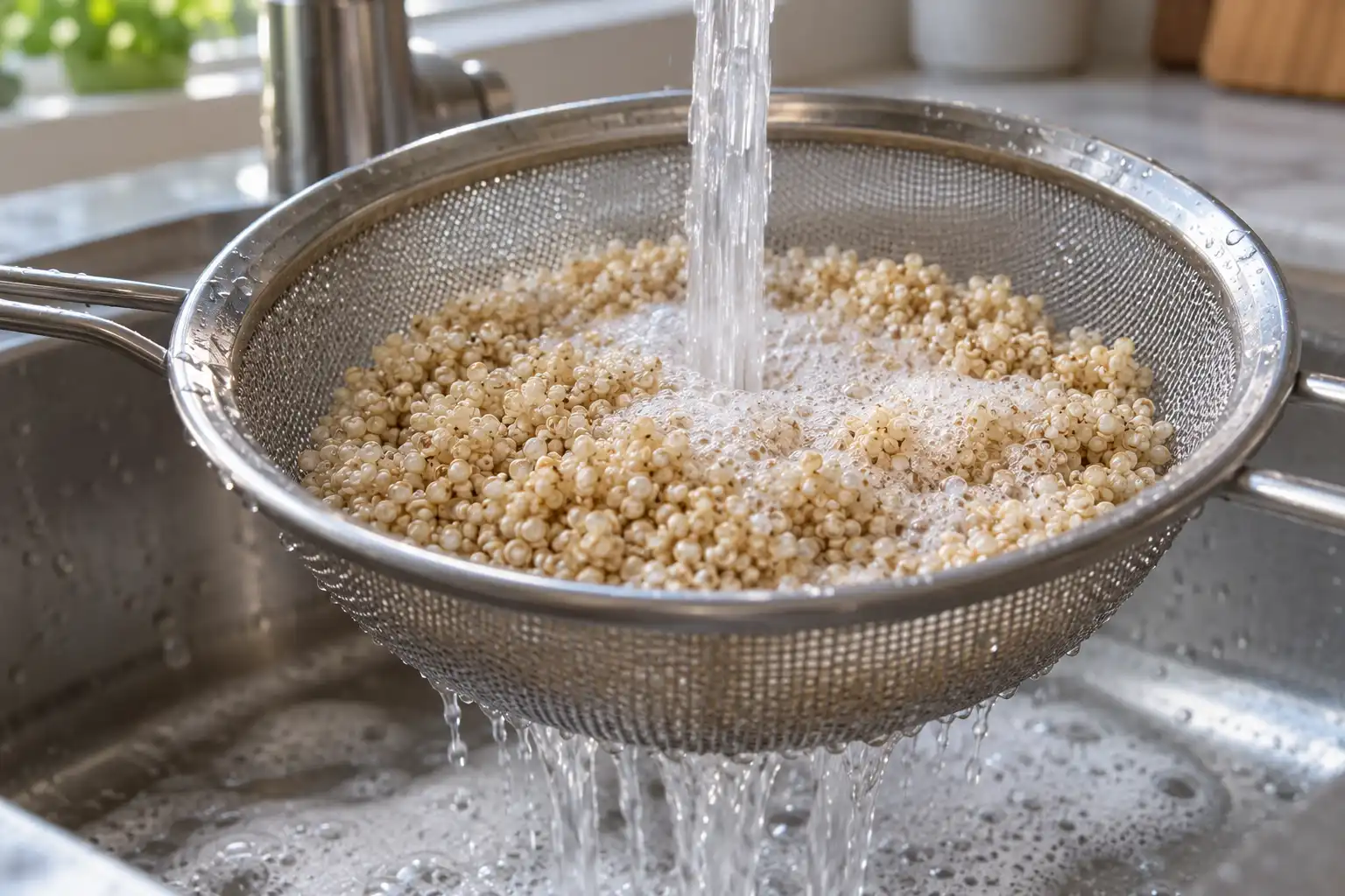 Soapy foam while rinsing quinoa comes from natural saponin, not spoilage.