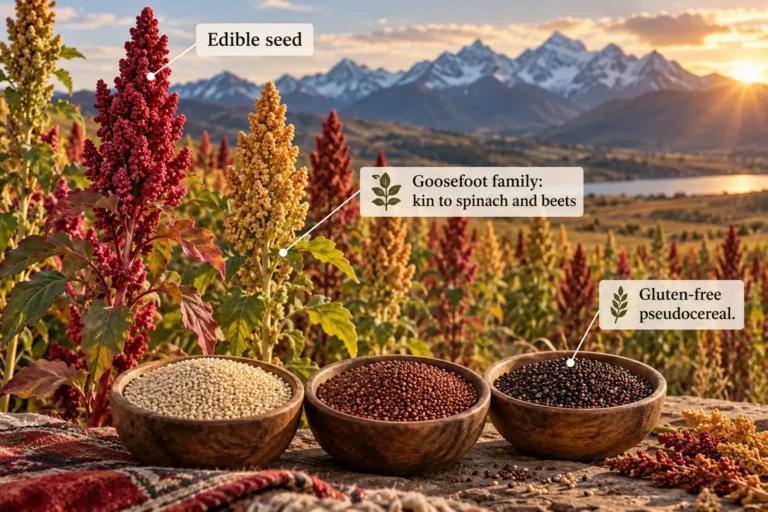 Quinoa is the edible seed of a goosefoot plant, shown on red and gold seed heads beside white, red, and black seeds.