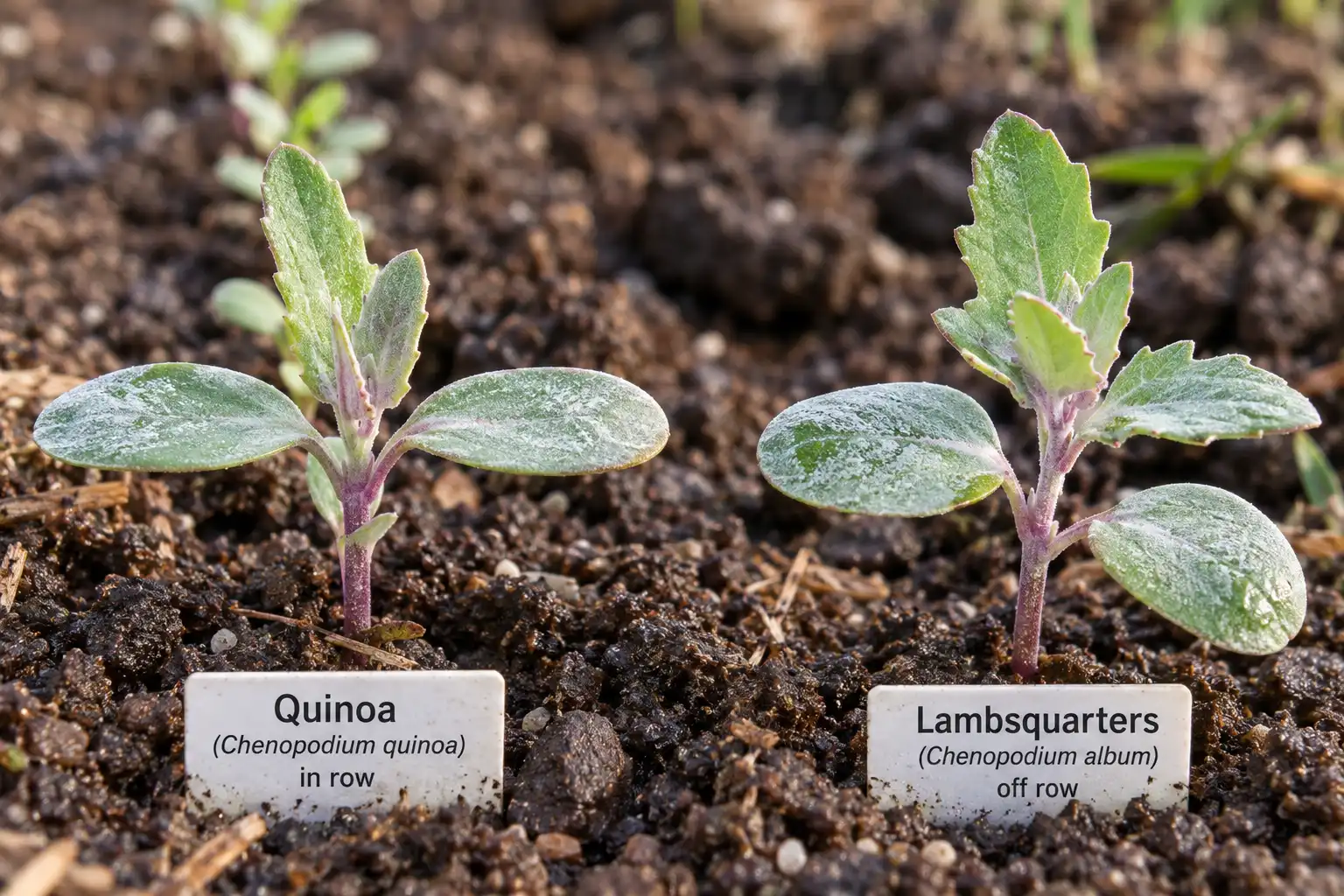 Quinoa and lambsquarters seedlings look nearly identical, with mealy white seed leaves.