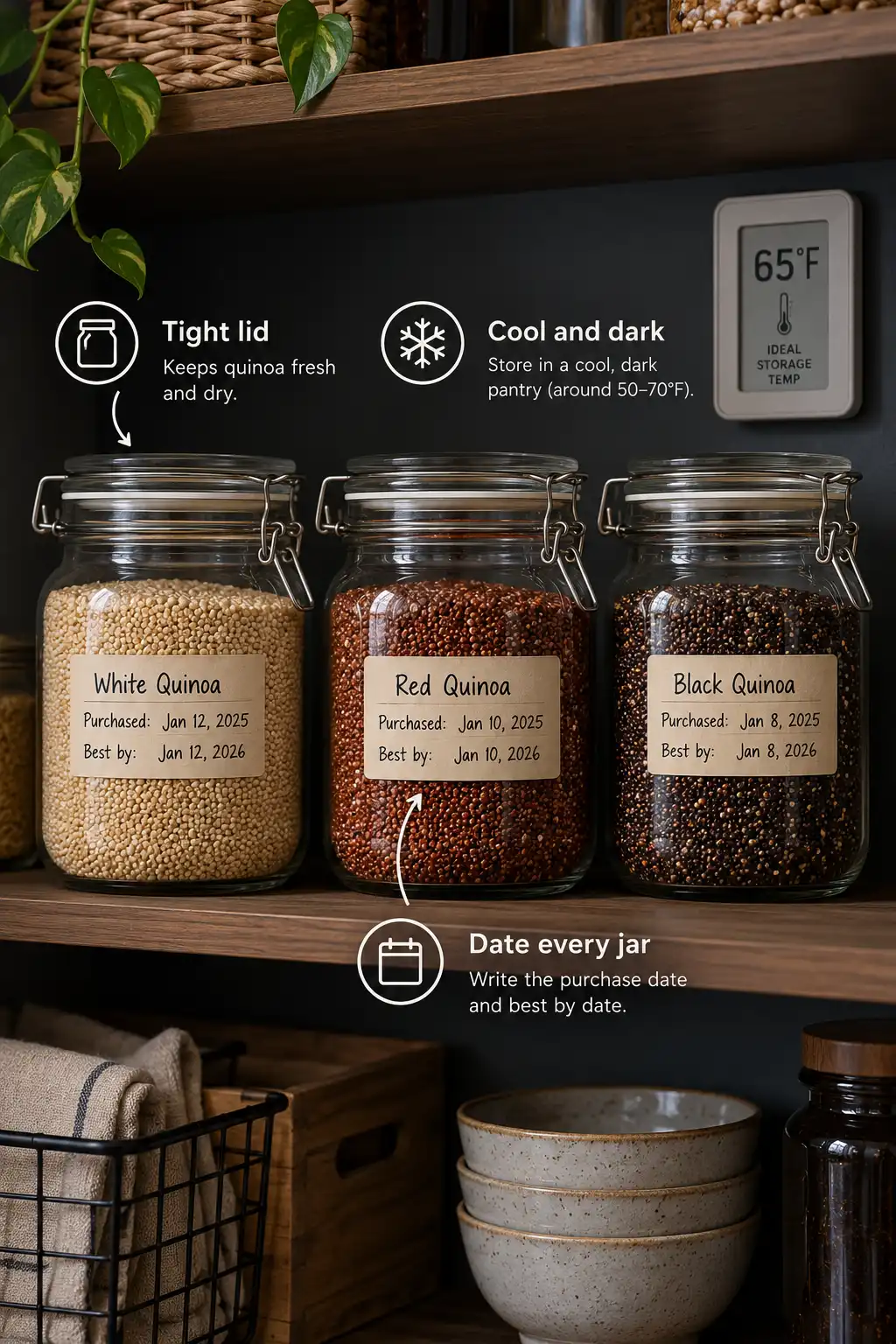 Store dry quinoa in airtight glass jars labeled with dates in a cool, dark pantry.