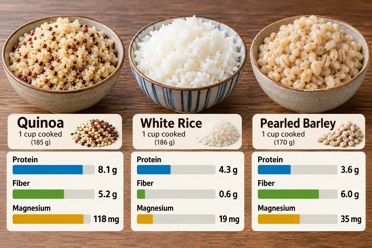 Quinoa has more protein and magnesium than white rice or barley per cooked cup, and far more fiber than white rice.