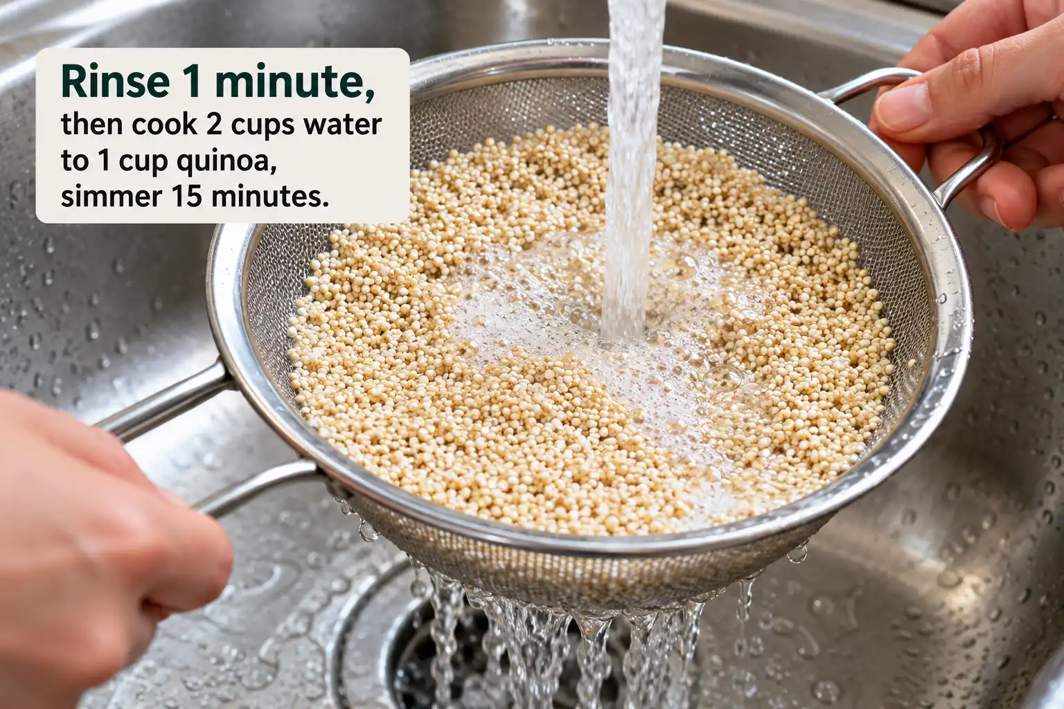 Rinsing dry quinoa under cold water in a fine mesh strainer removes leftover bitter saponin before cooking.