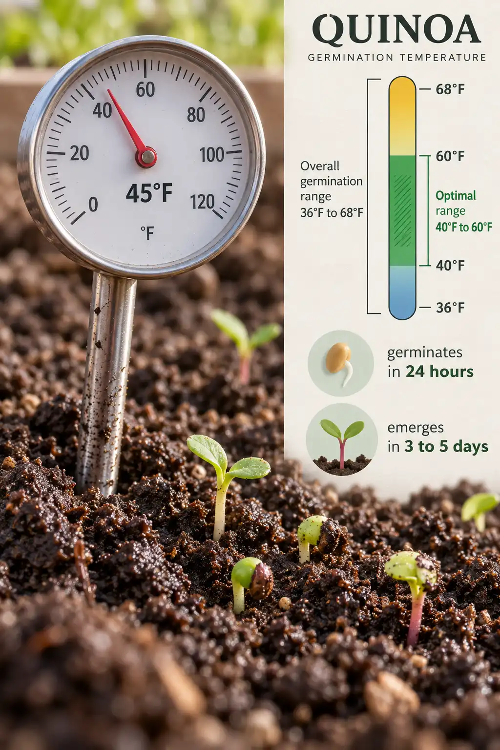 Quinoa germinates best in 40°F to 60°F soil and emerges in three to five days.