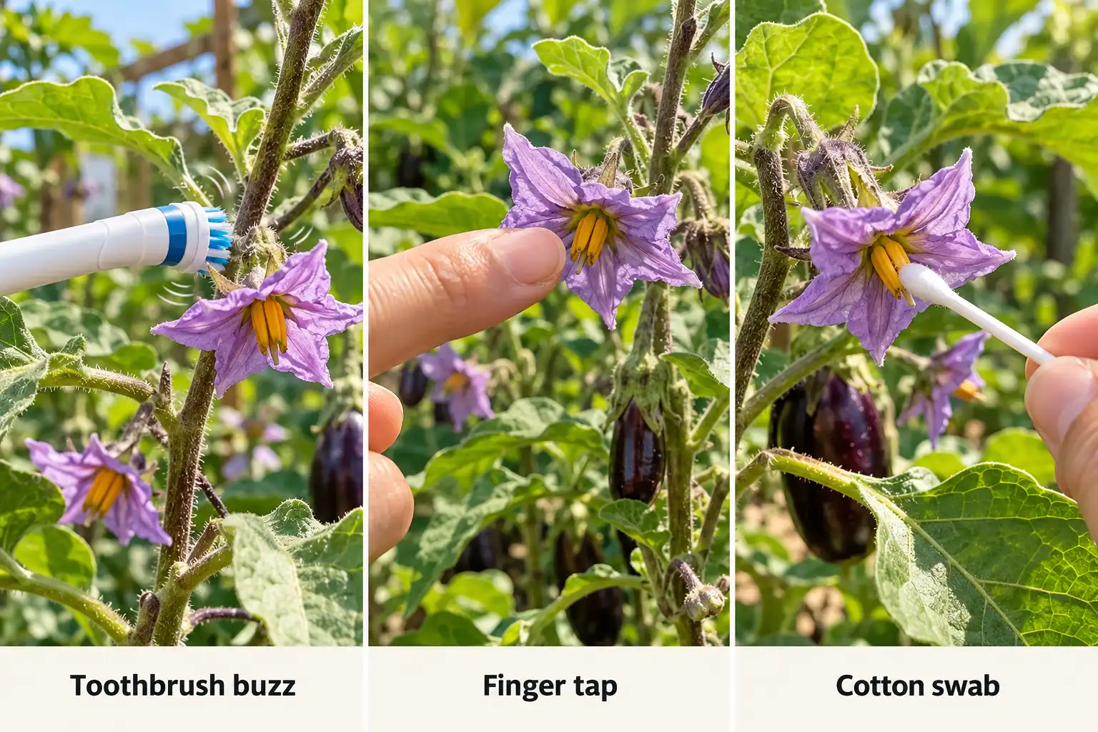Toothbrush, finger tap, and cotton swab methods each move pollen inside an eggplant flower.