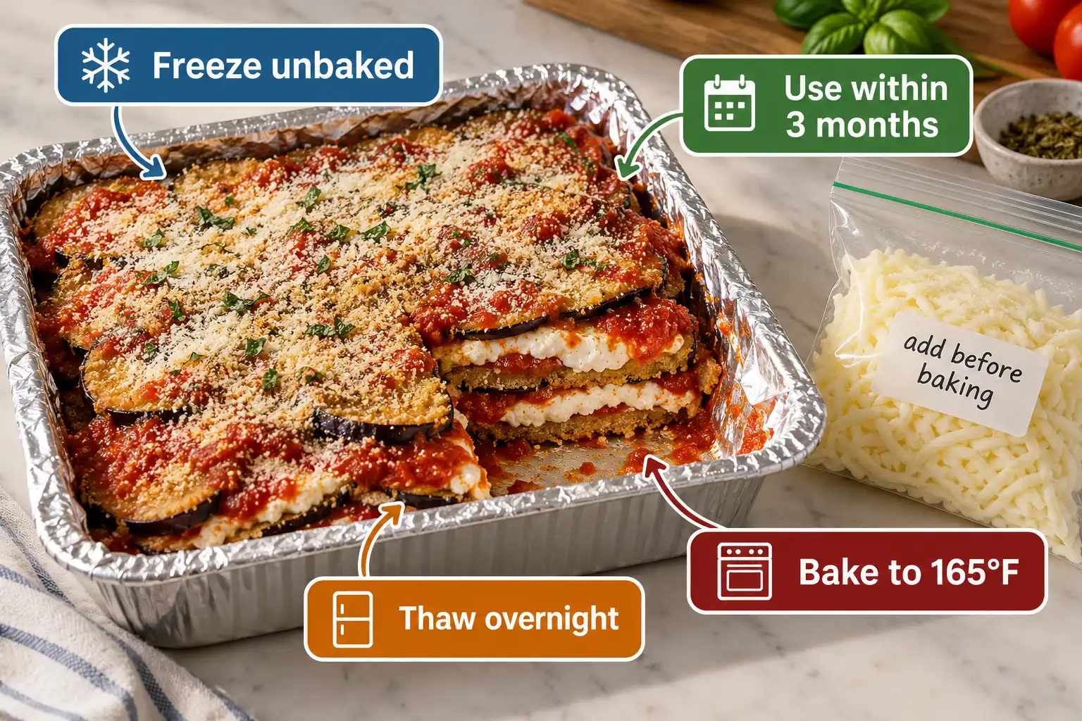 Eggplant parmesan made with cooked cutlets freezes well unbaked, with the mozzarella added at baking time and the center heated to 165°F.