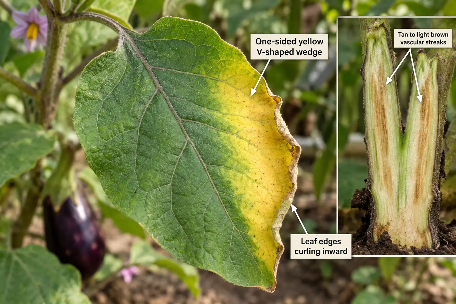 Verticillium wilt causes one-sided, V-shaped leaf yellowing and tan streaks inside the eggplant stem.