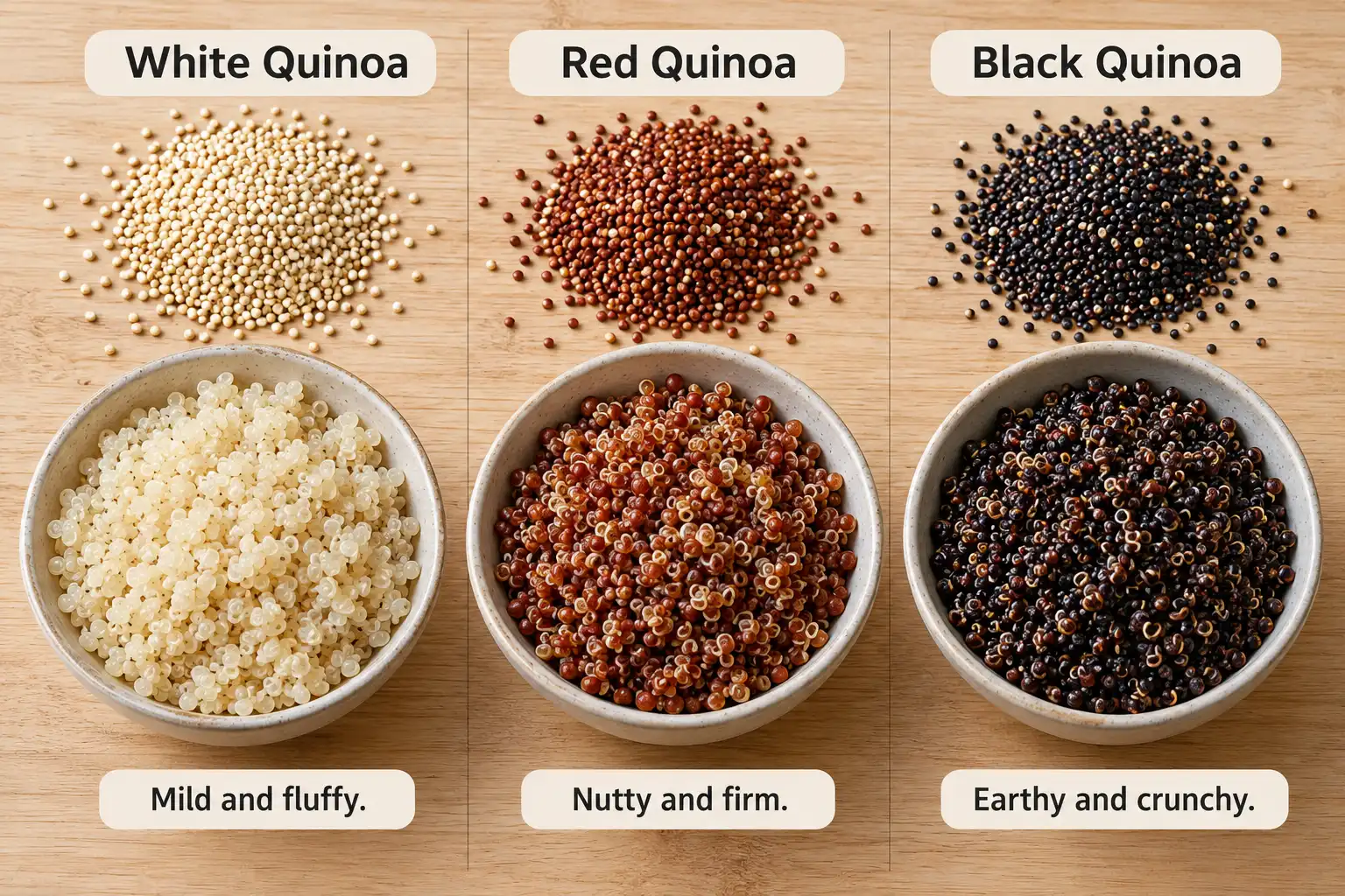 White quinoa cooks mild and fluffy, red stays nutty and firm, and black stays earthy and crunchy.