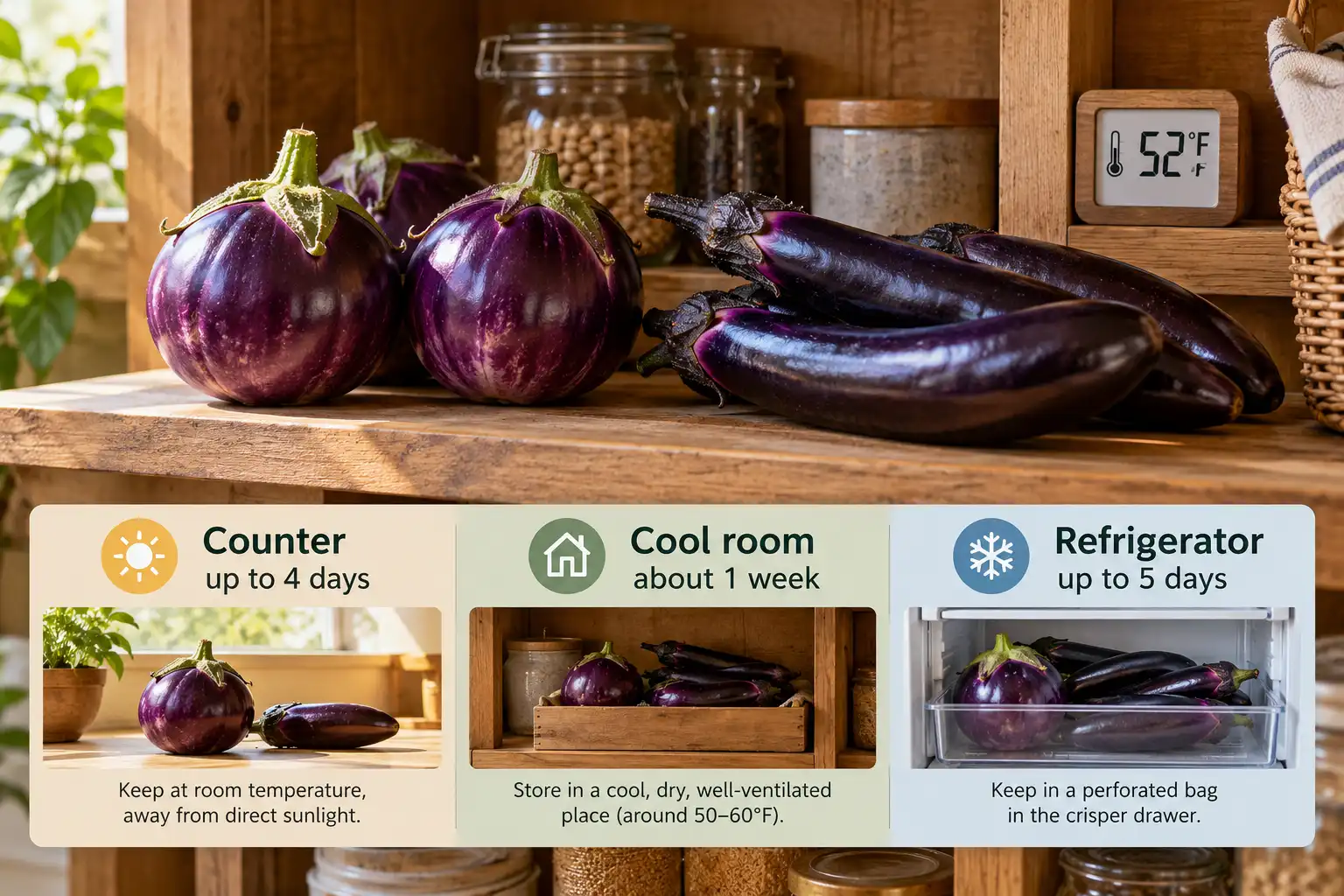 Whole, unwashed eggplants keep best at 50 to 54°F, warmer than a refrigerator and cooler than most kitchens.